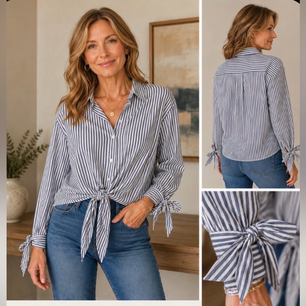 Treasure and Bond - Blue & White Stripe Tie Front Blouse with Tie cuffs
